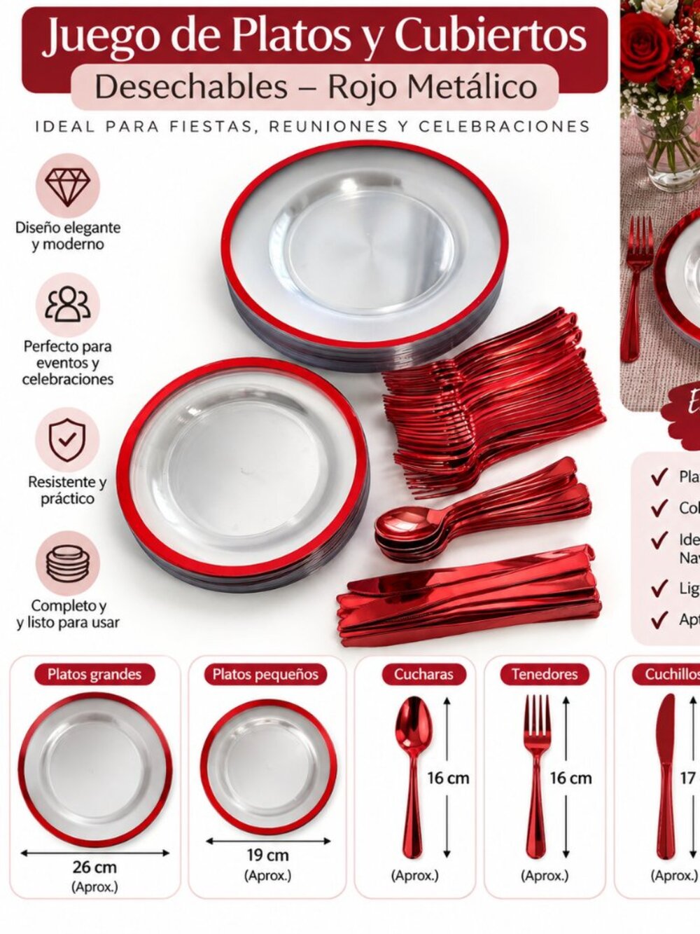 Juego de Platos y Cubiertos Rojo Metálico – Desechables – Nuevo